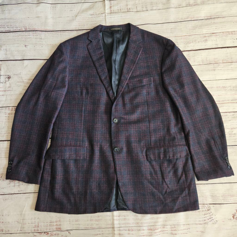 Corneliani Virgin Wool Maroon & Navy Blue Plaid Sport Coat Mens 56R